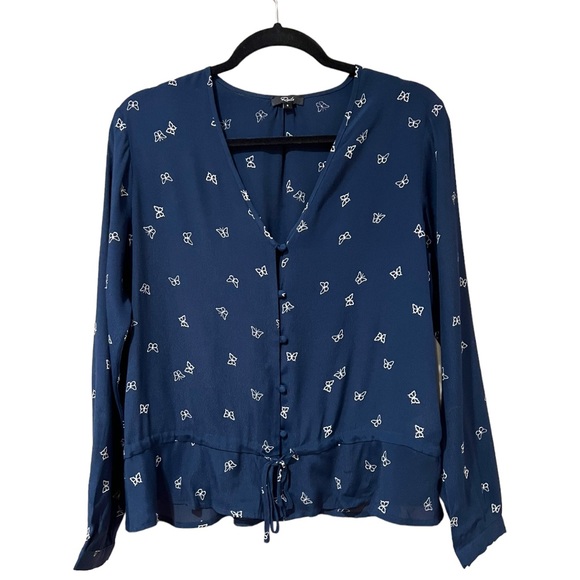 Rails Beaux Ruffle Waist Blouse In Navy White Butterflies NWOT (S) - Picture 2 of 9